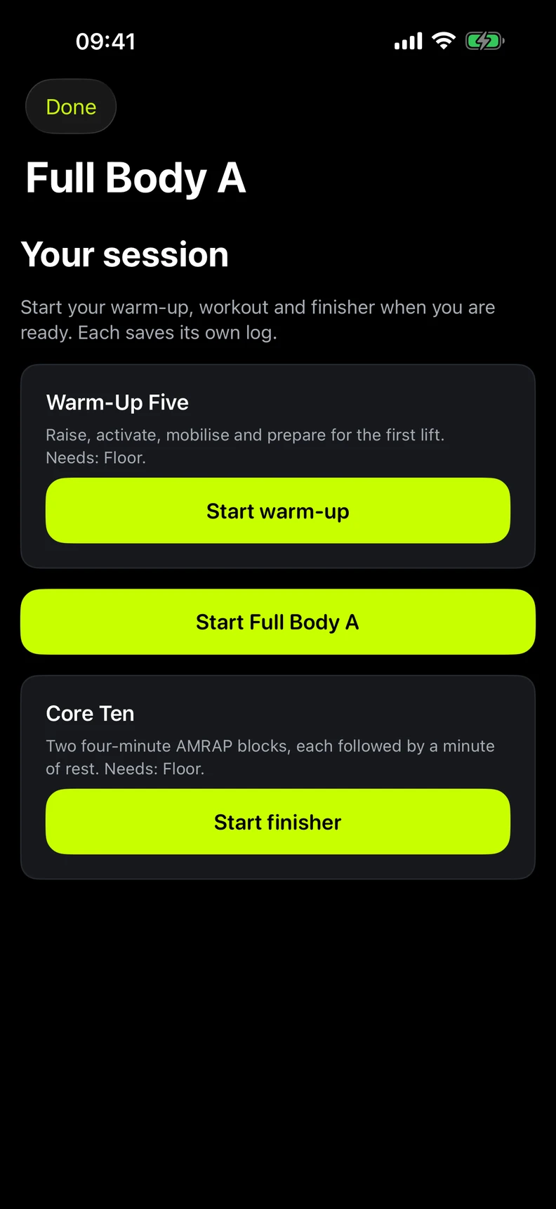 Native planned-day hub with independent warm-up, workout and finisher entries
