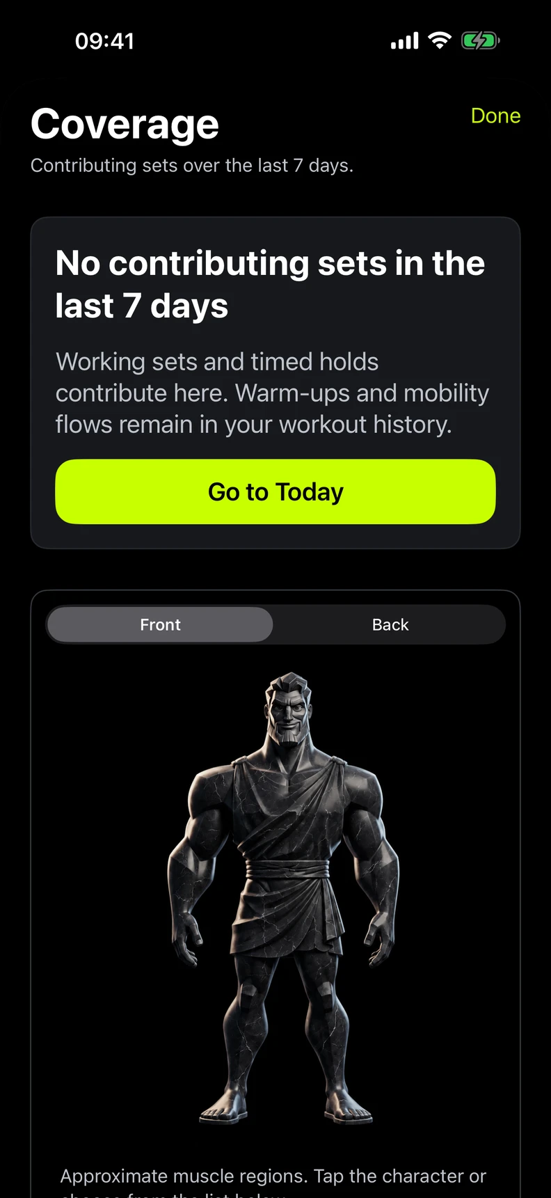 Current muscle coverage view explaining that no contributing sets are logged yet