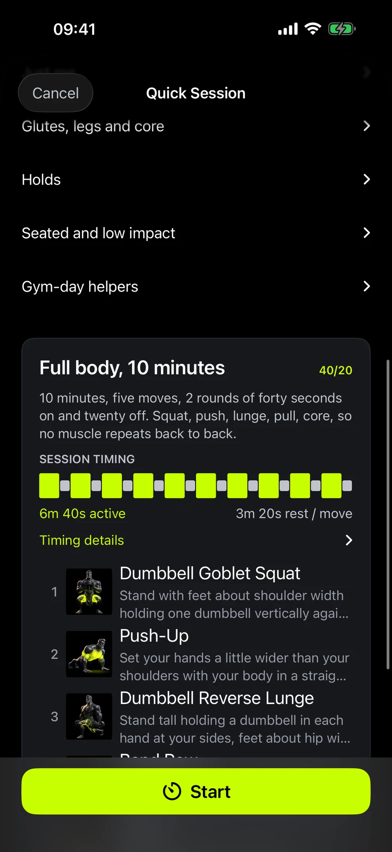 Quick Session preview showing a movement timeline and Start action