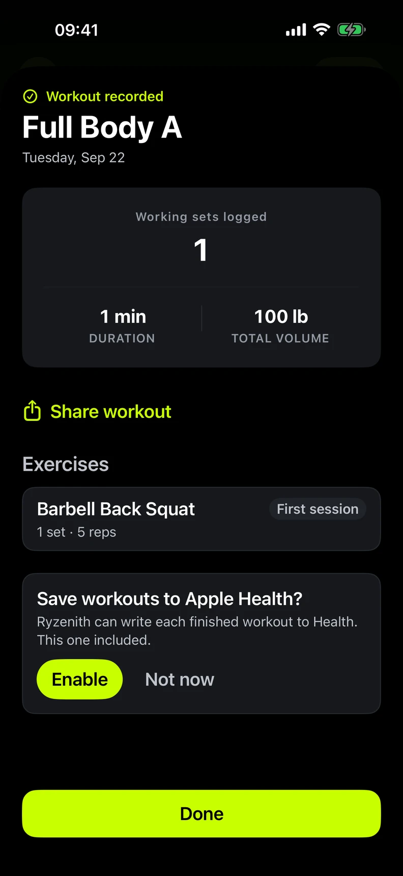 Current native workout summary showing recorded work and sharing controls