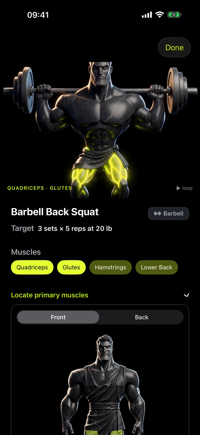 Native exercise details with training targets, muscle groups and technique cues